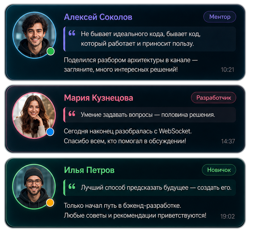 Иллюстрация Telegram-переписки со статусами участников